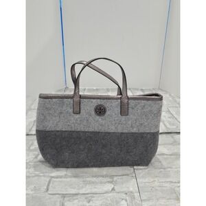 Tory Burch Wool Leather Tote Bag Two Tone Gray Black Ashley Tote Handbag 11"